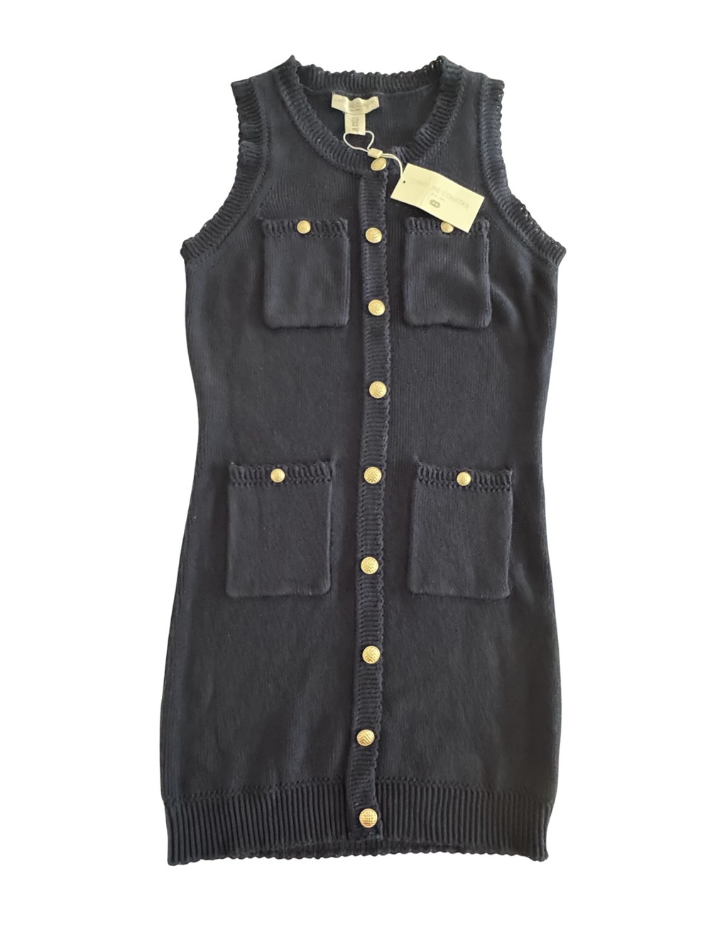 Caroline Constas Knit Mini Dress Womens M Navy Cotton Knit Gold Button NWT - Picture 2 of 8